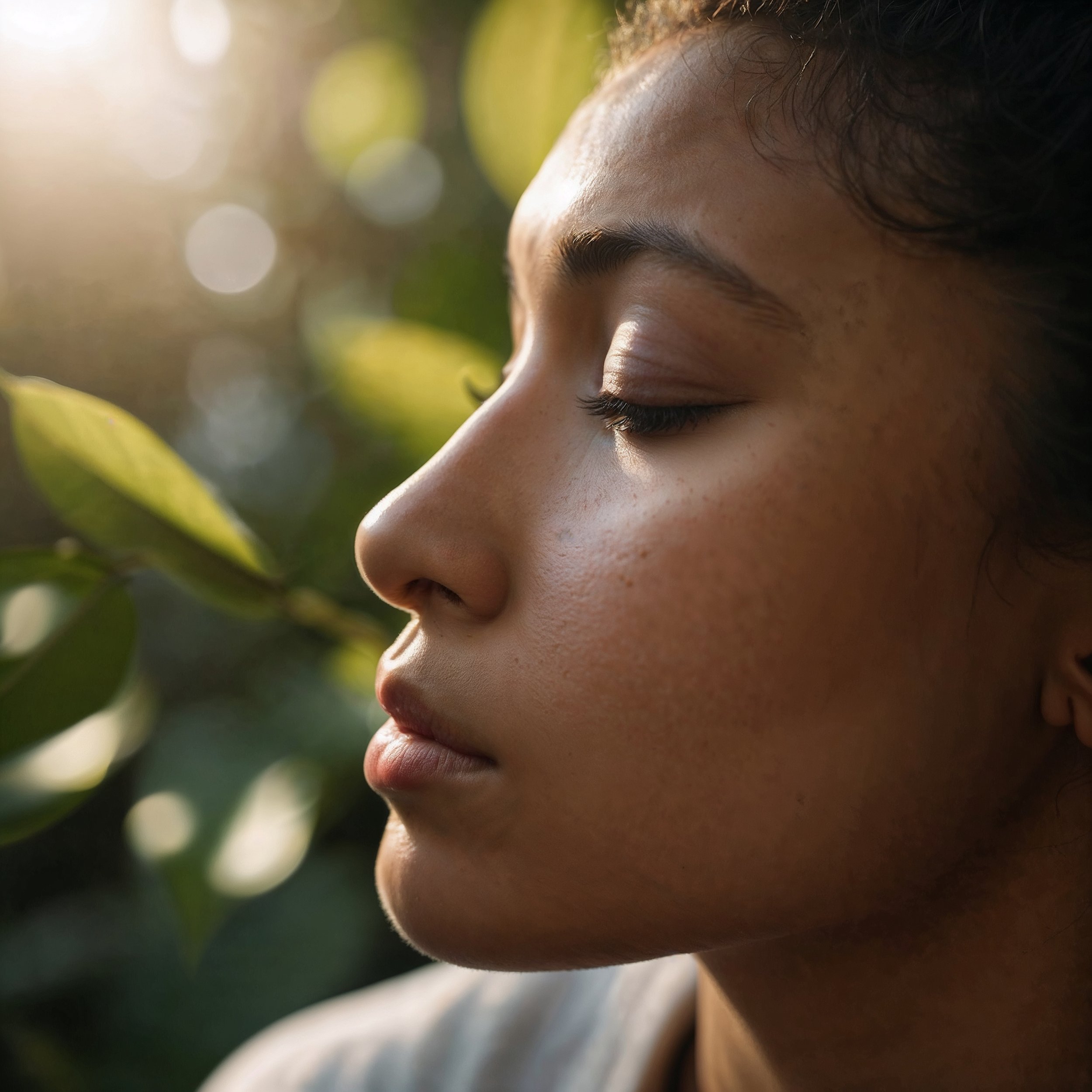 A calm face in soft sunlight, illustrating the mindfulness technique of the Three-Breath Pause for clarity and intention.