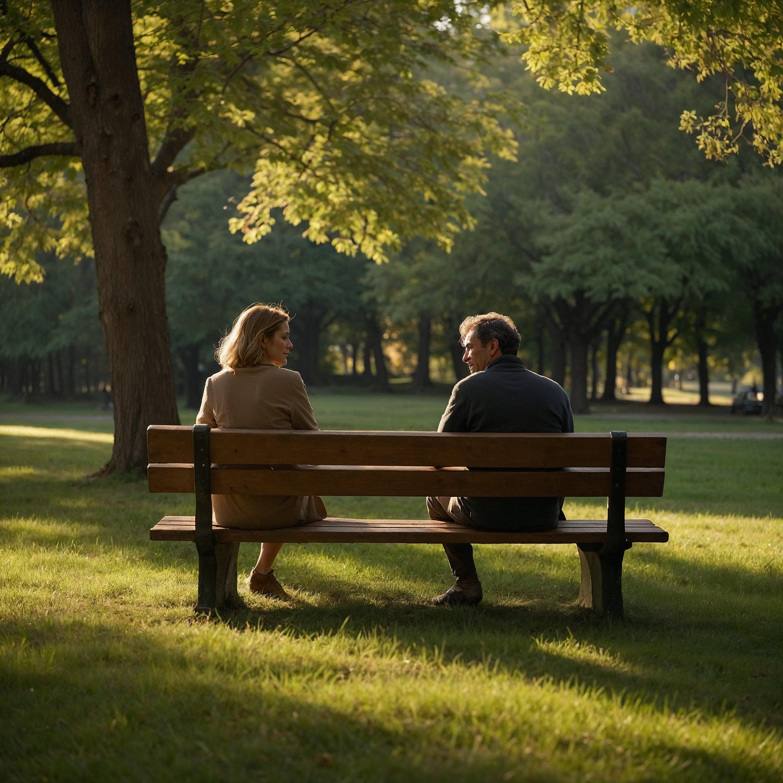 Two people reconnecting on a park bench, reflecting the Staoicist Liaphora practice of rebuilding trust through empathy, listening, and relational fairness.