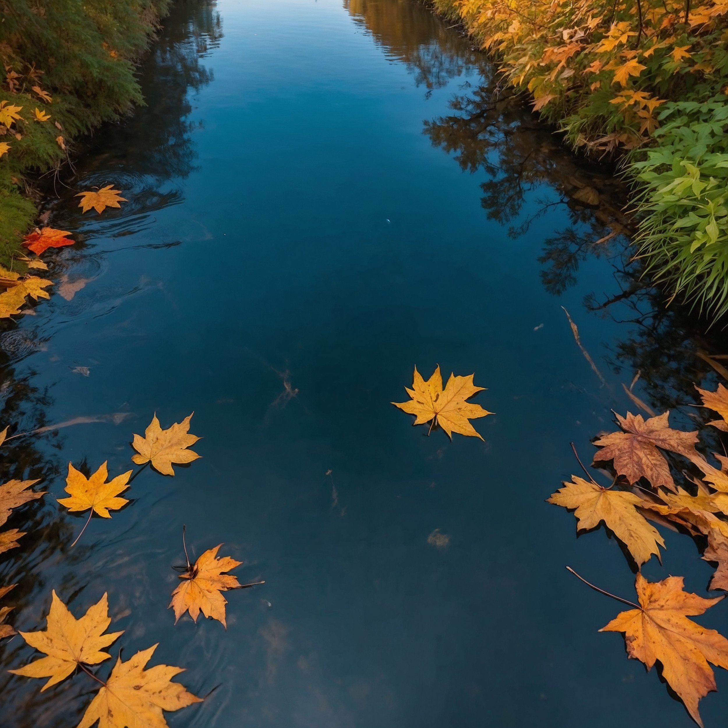 A tranquil flowing river with floating leaves, symbolizing the natural rhythm of acceptance and flow in life.
