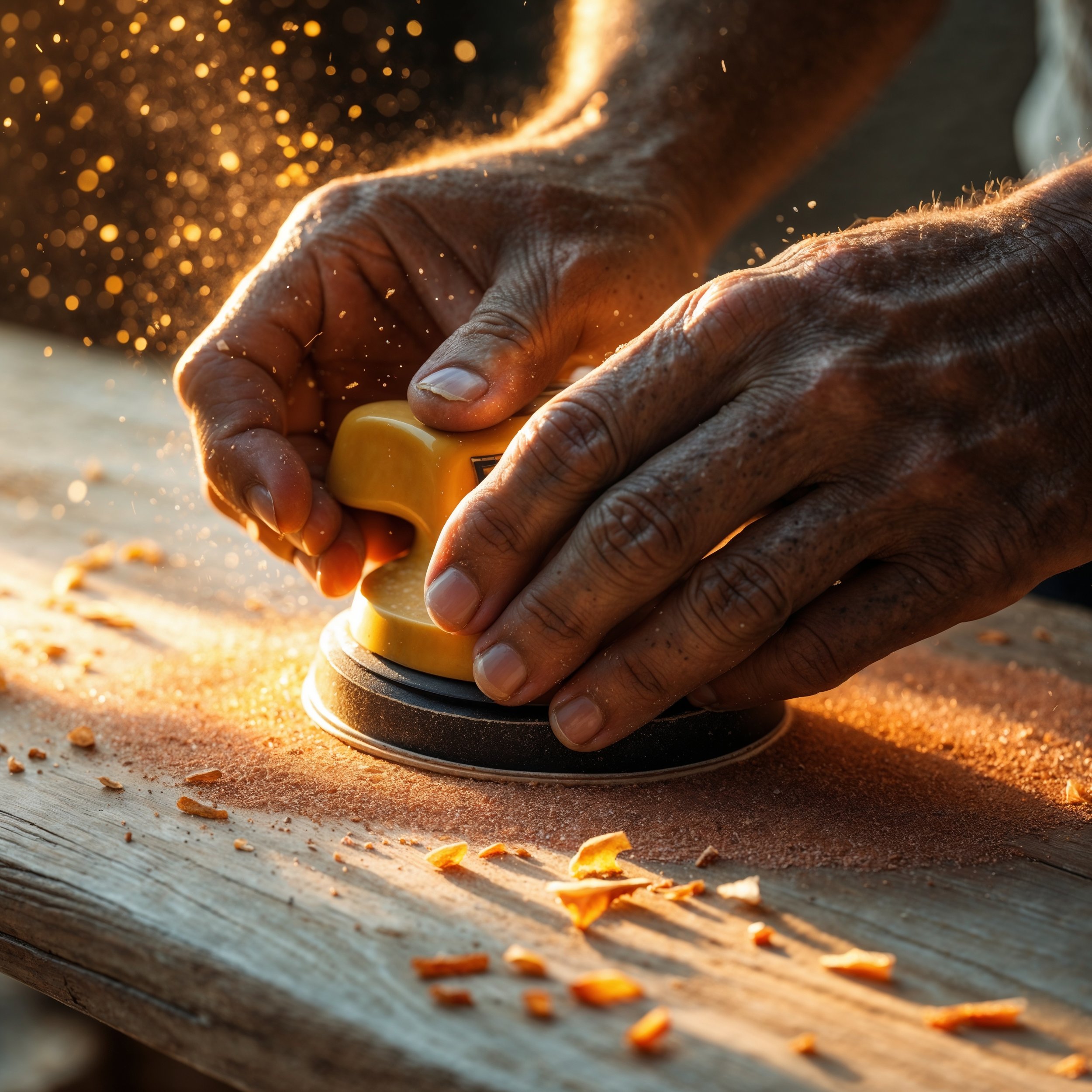 A carpenter sanding wood with focused intention, reflecting the clarity and mindfulness of repetitive tasks in the Staoicist philosophy.