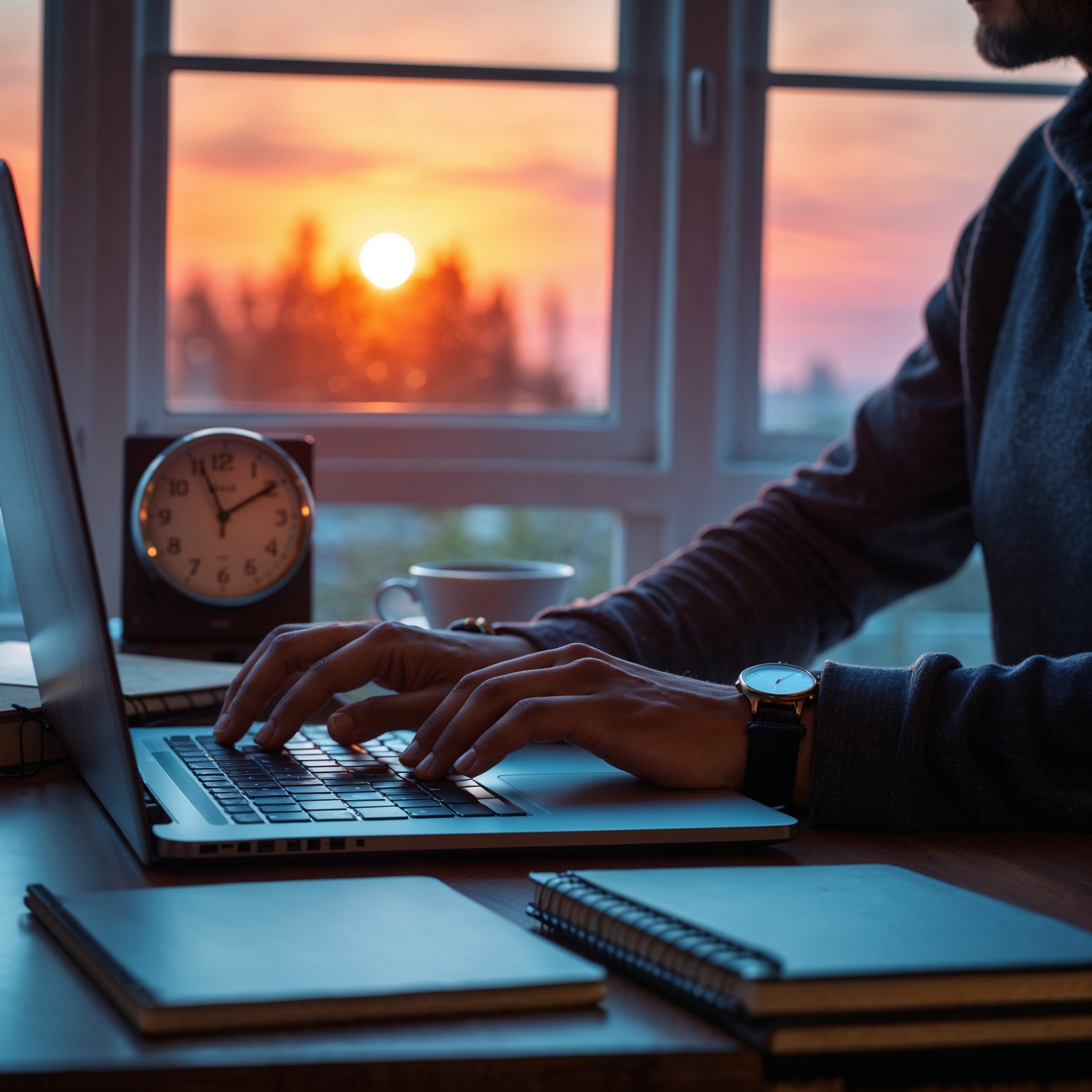A remote worker closing their laptop at sunset, consciously setting boundaries between work and personal time.