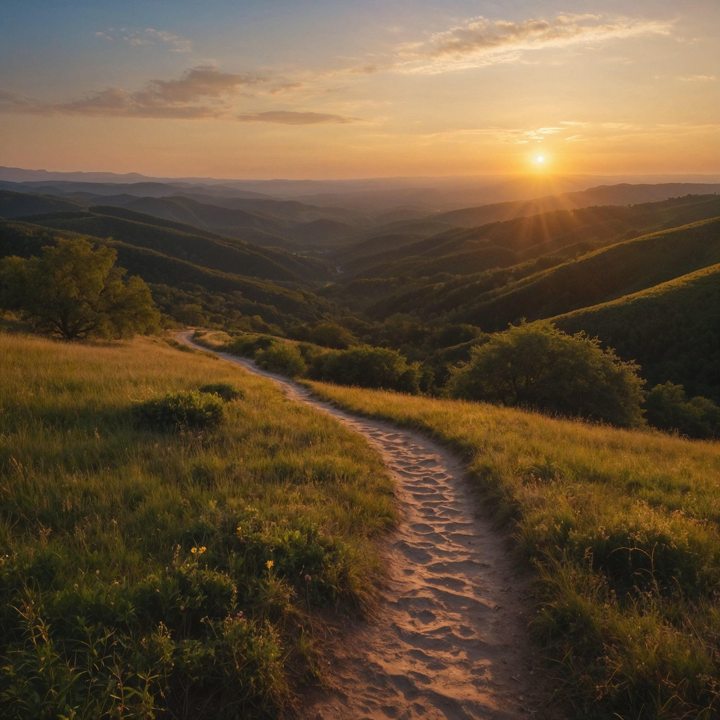 A peaceful sunrise over a vast landscape with a winding path, symbolizing the journey of virtue and intentional living.