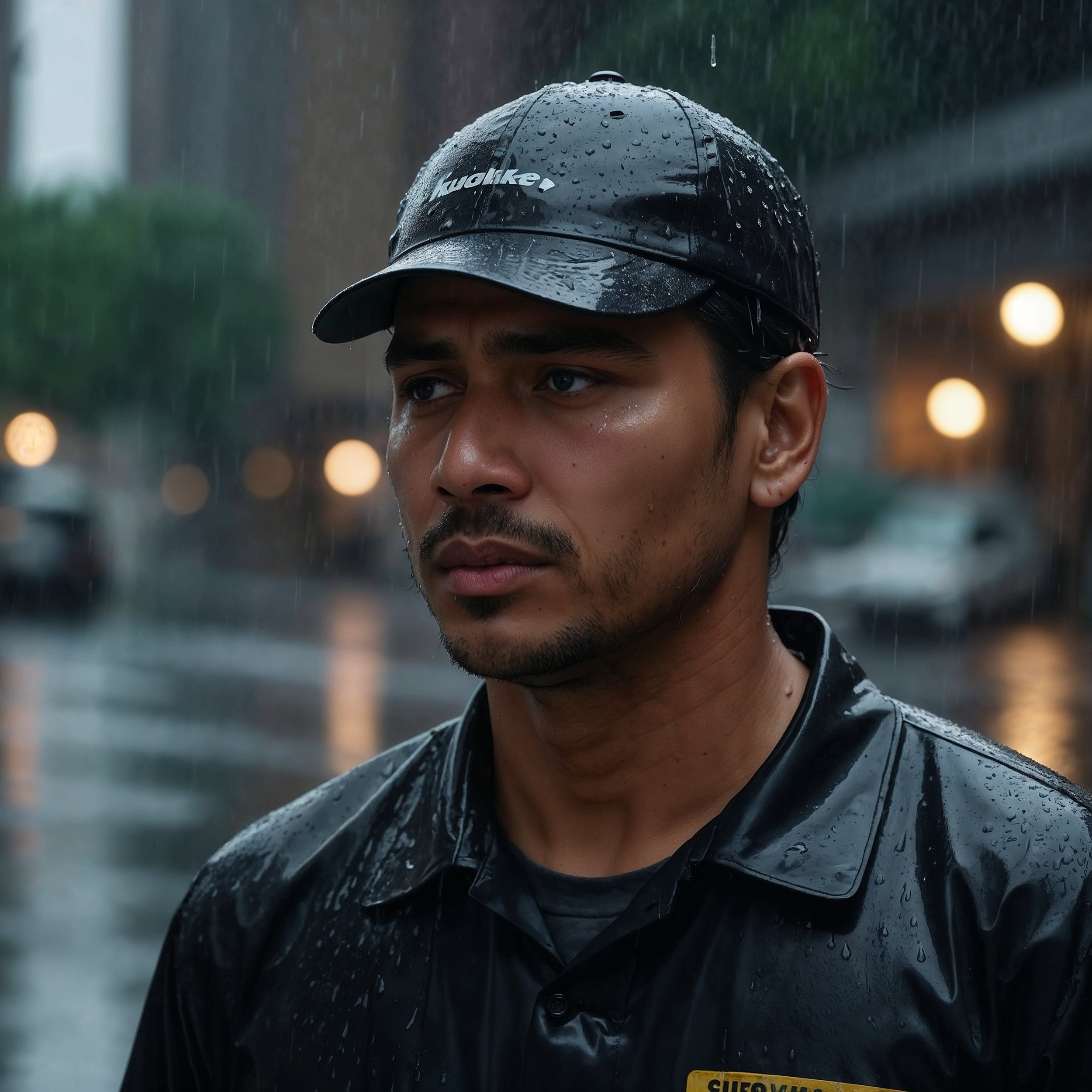 A delivery worker standing in the rain, pausing for a deep breath, symbolizing adaptability and presence in challenging weather conditions.