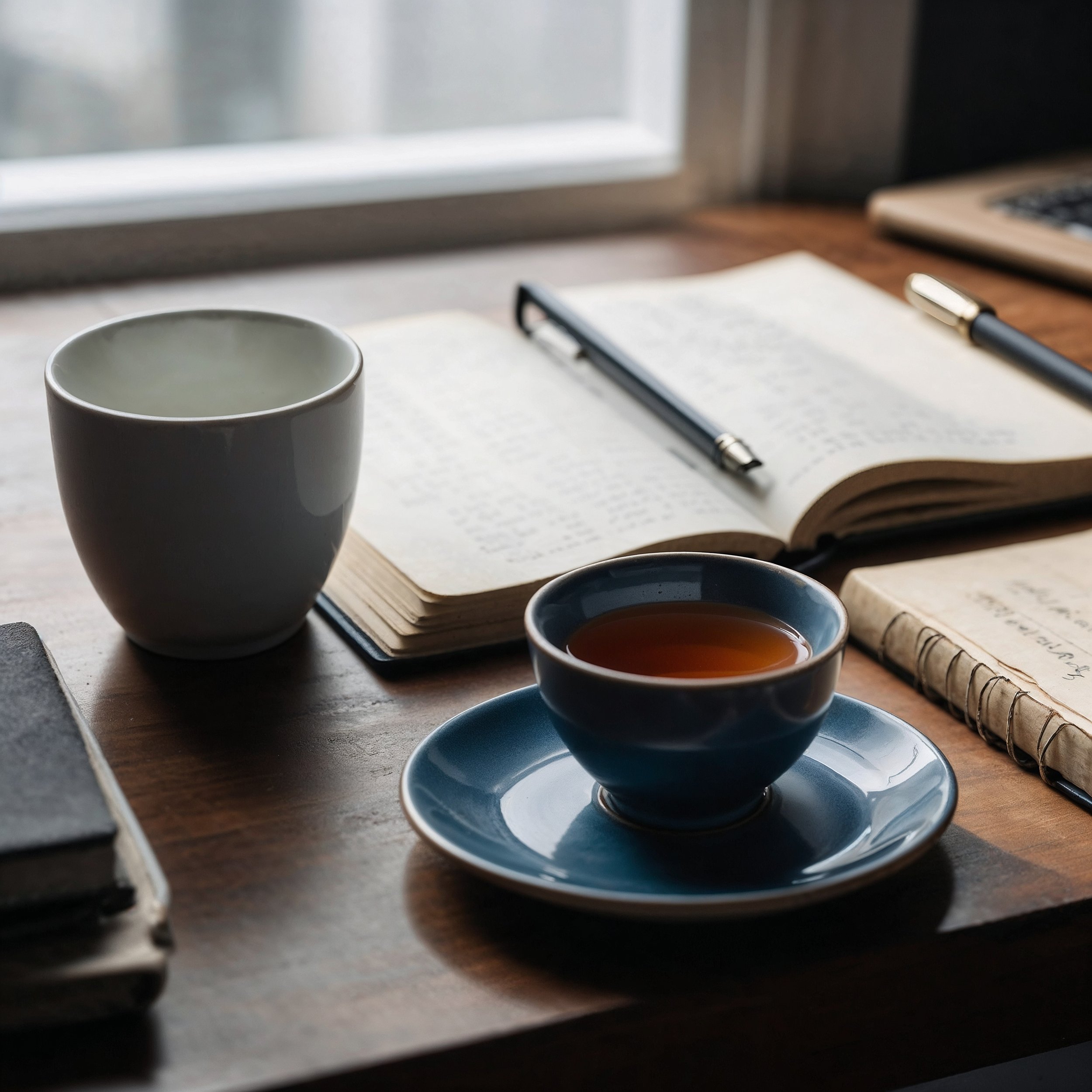 A minimalist journal and tea cup scene, reflecting the daily reset practice for cultivating mindfulness and serenity.