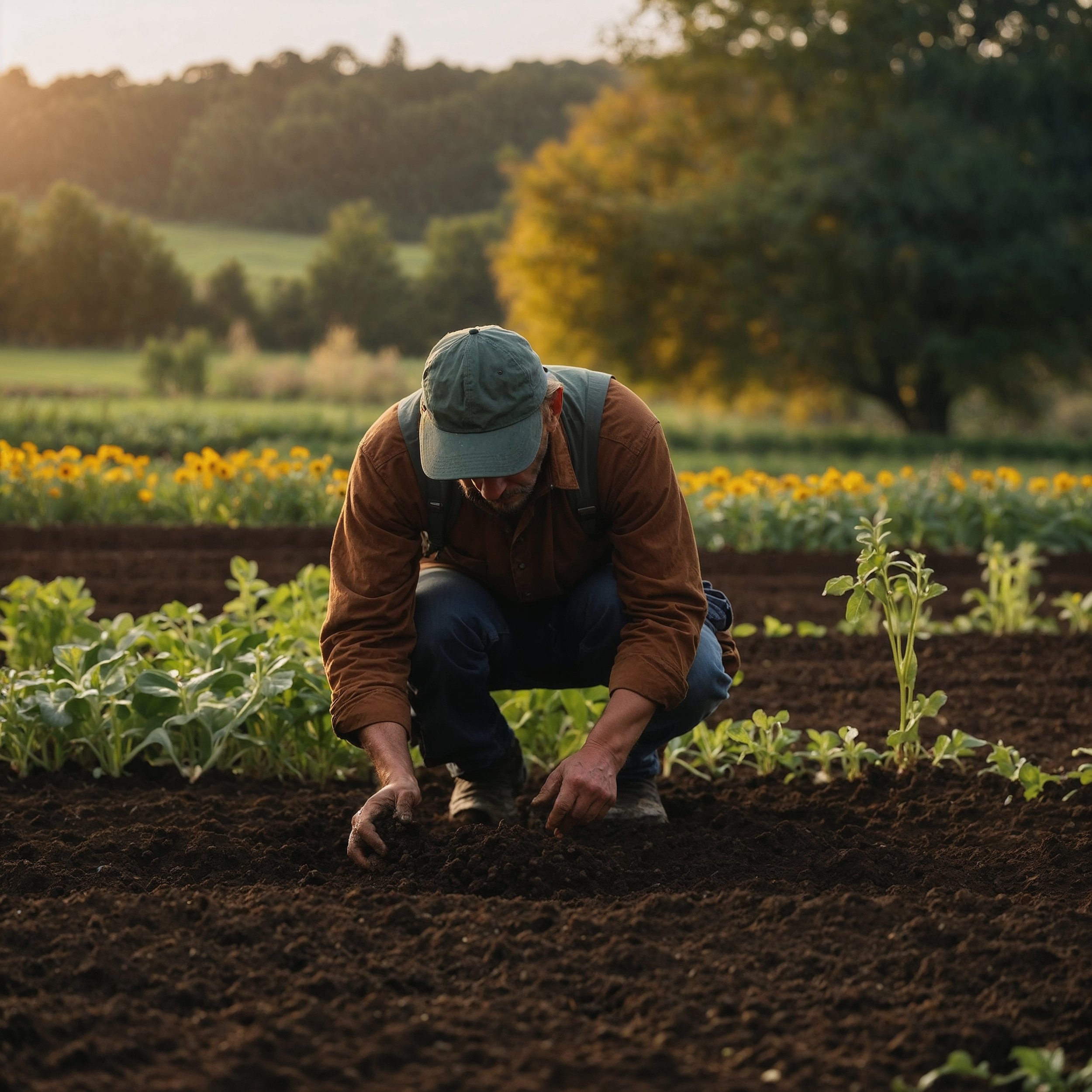 A gardener planting seeds in a field, symbolizing Daesys’ wisdom of timing, patience, and aligning action with natural cycles.