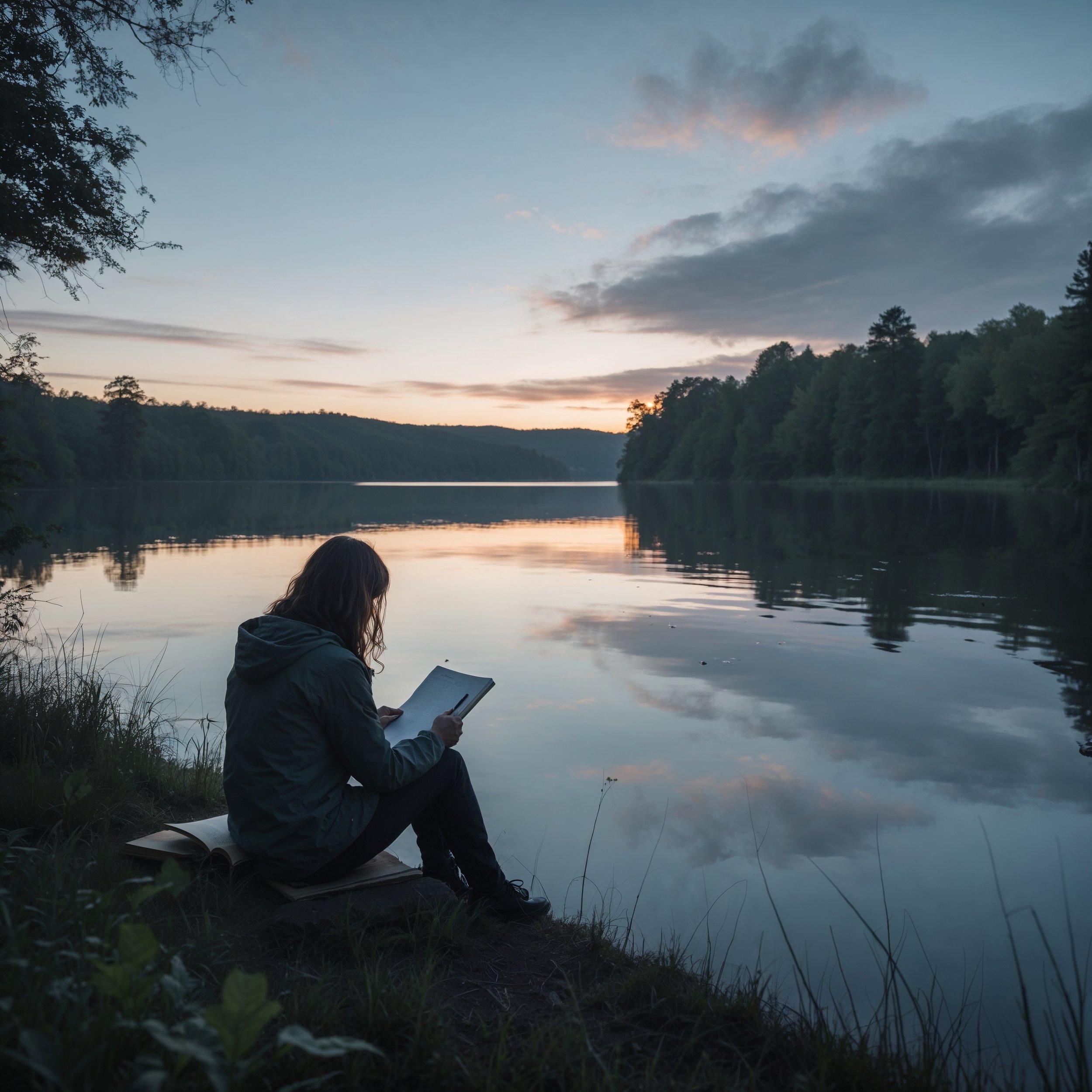A person journaling by a calm lake at dusk, symbolizing Daesys’ wisdom of reflecting on life’s rhythms and moving with natural cycles.