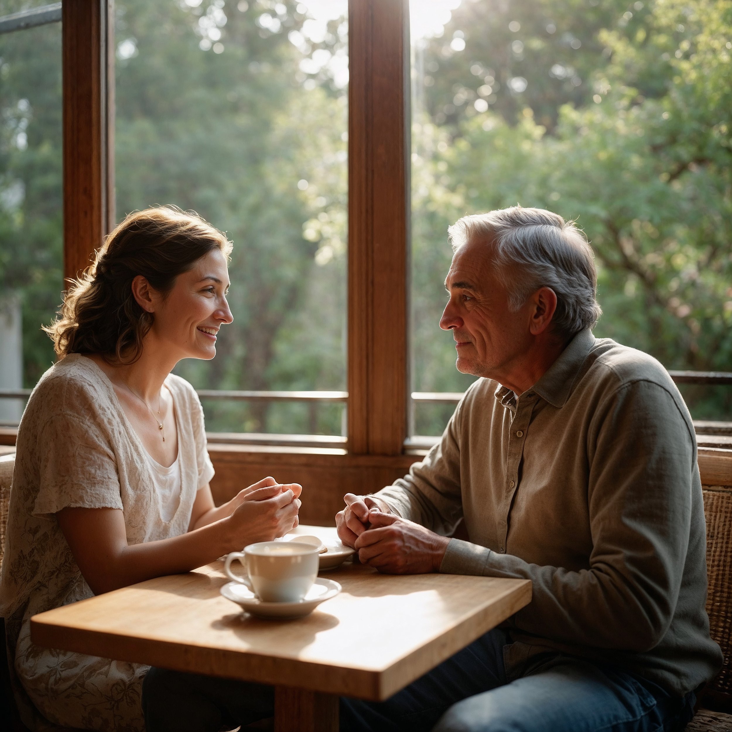 A calm and engaged conversation where one person listens with full presence, symbolizing deep connection and trust, embodying the Staoic principle of Liaphora.