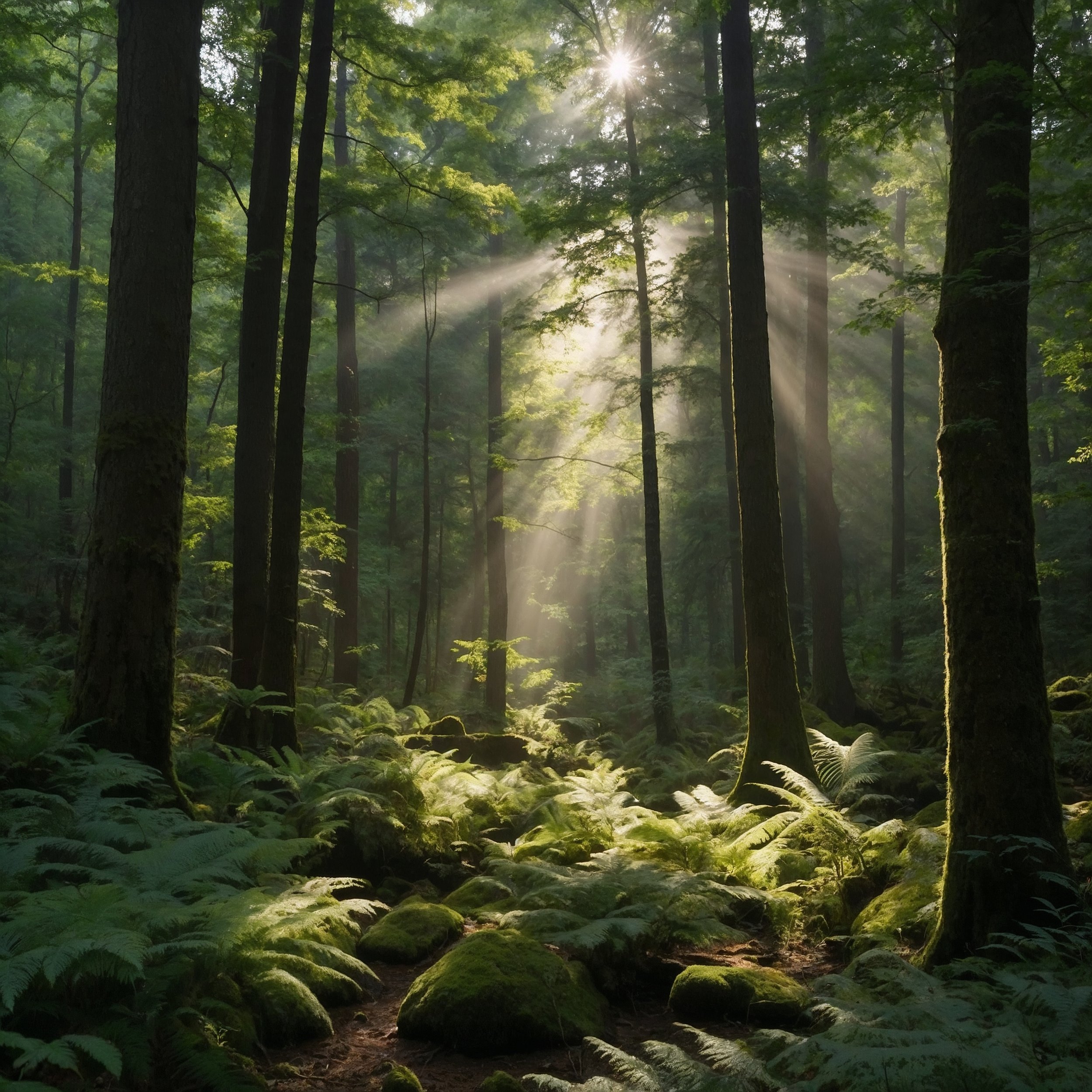 A tranquil forest scene with soft light filtering through trees and the mantra ‘My actions align effortlessly with life’s rhythm,’ reflecting the harmony of Wuthea.