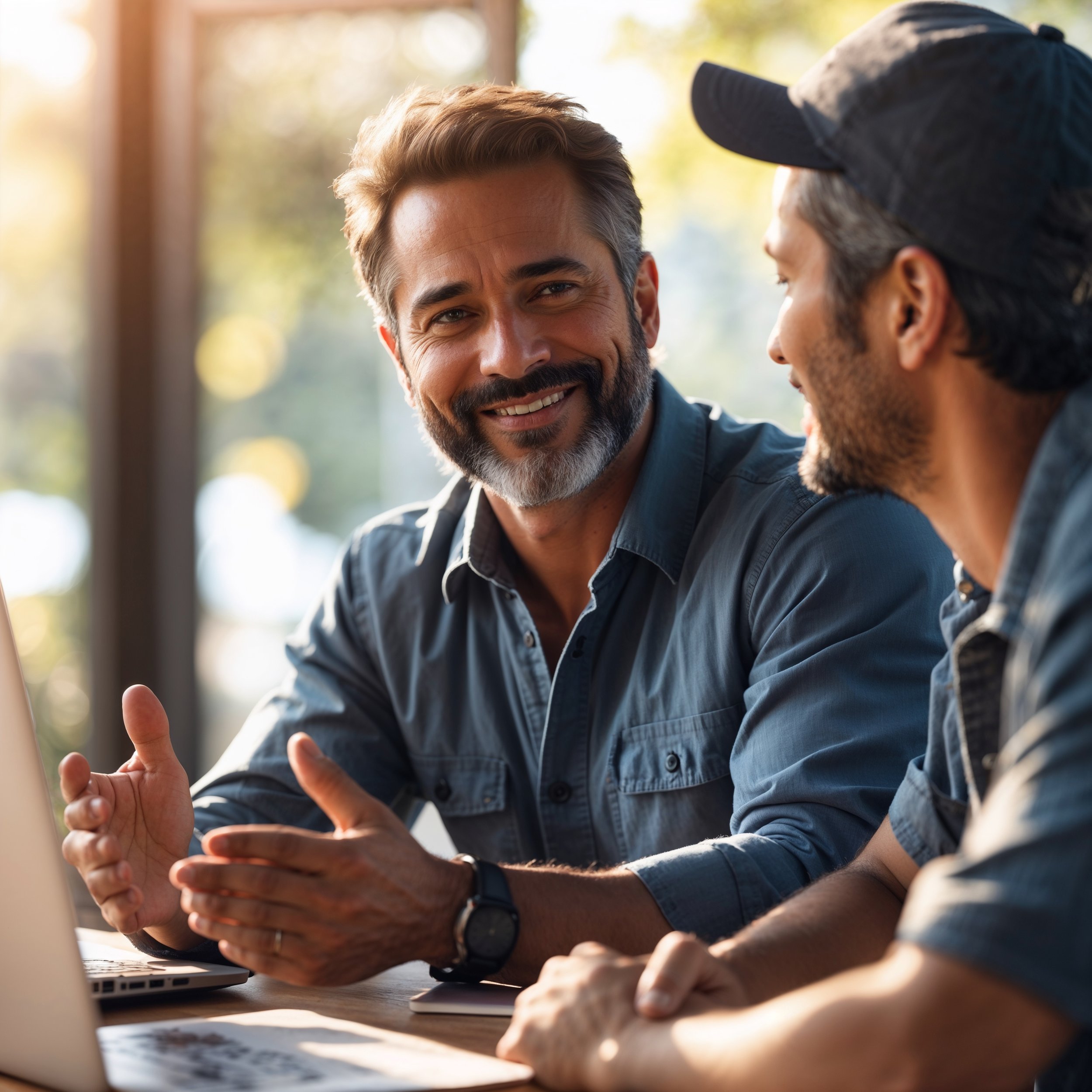 A mentor and student in deep conversation, symbolizing ethical leadership, fairness, and the power of relational virtue in strengthening trust and empathy.