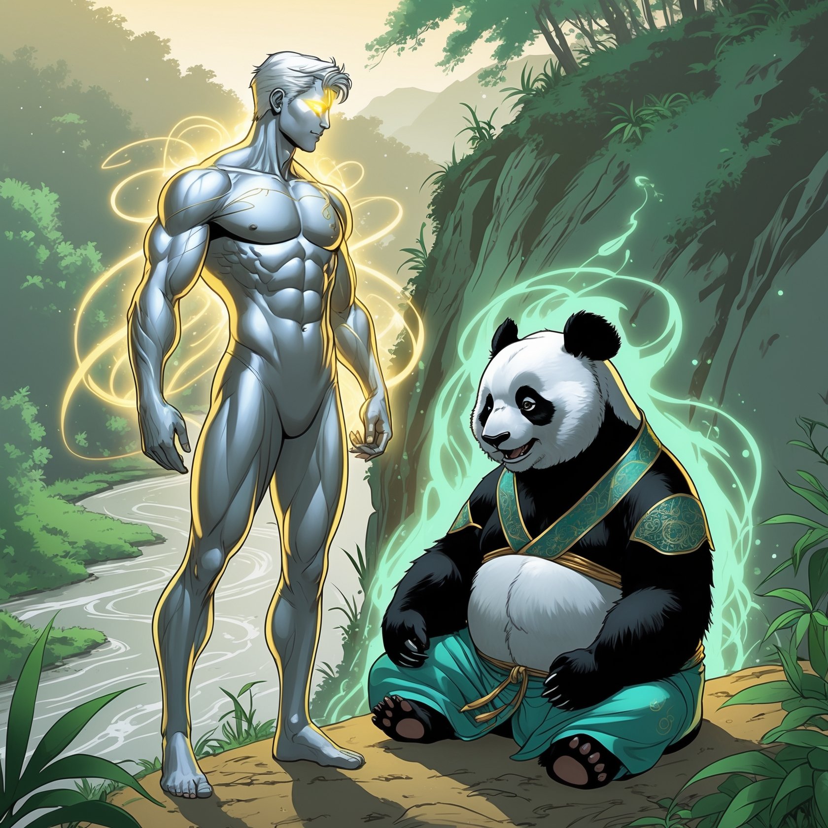 Sageon and Stao Panda embody wisdom and harmony, standing by a lush river, symbolizing the balance of Staoicism.