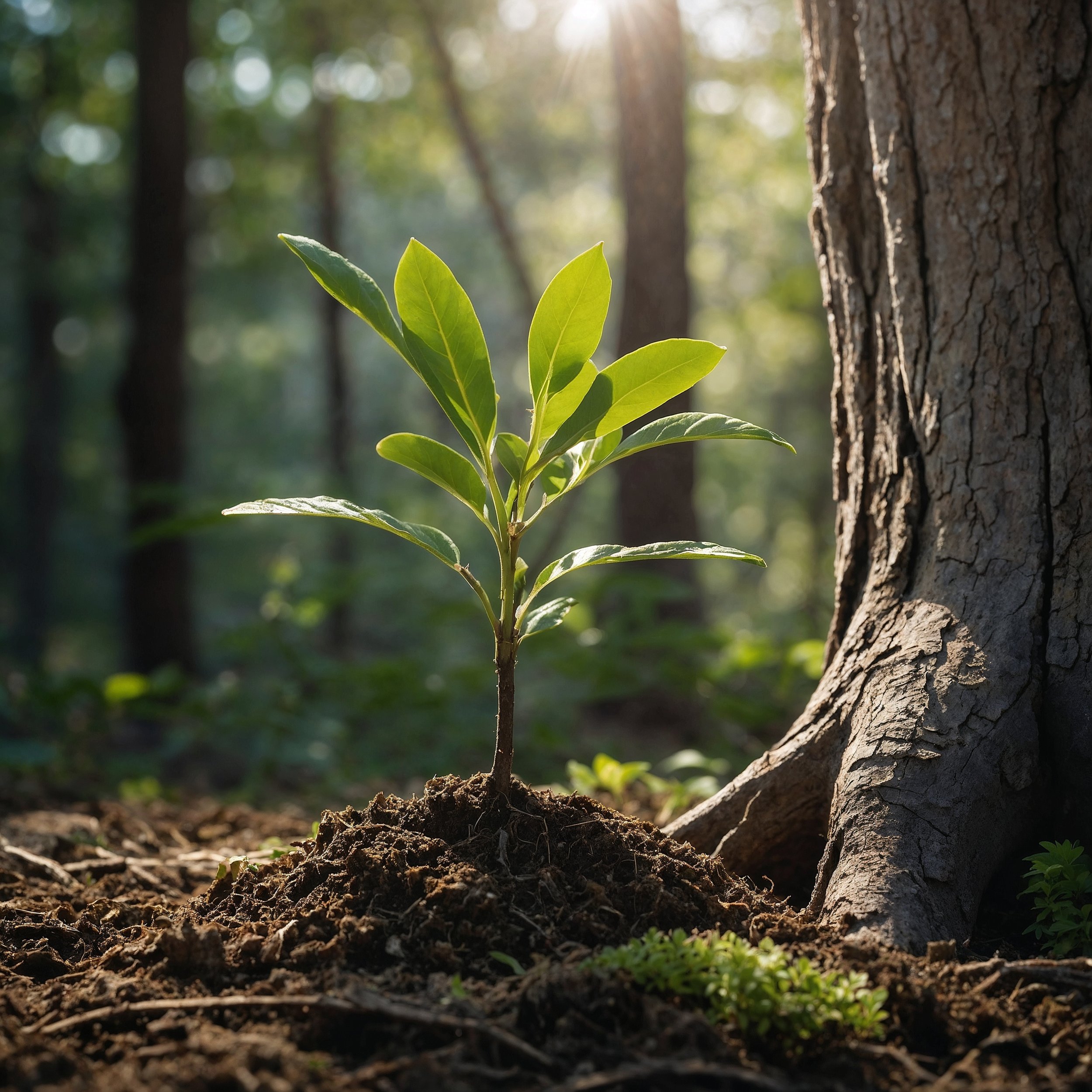 A young sapling growing beside a weathered tree under soft sunlight, symbolizing growth, resilience, and learning from constructive feedback with Zenetheia.