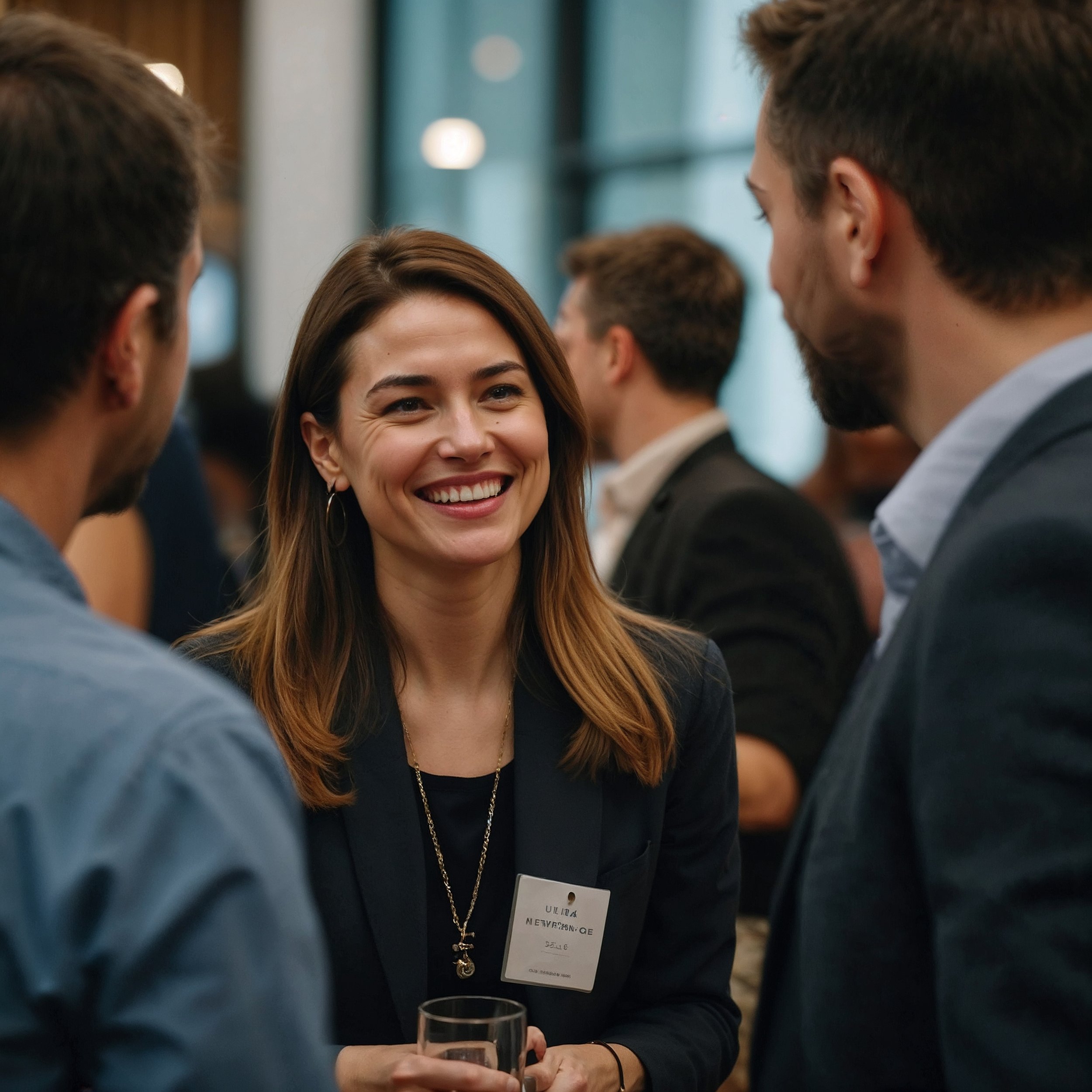 Two professionals in a warm, engaged conversation at a networking event, symbolizing authentic connections through presence and gratitude.