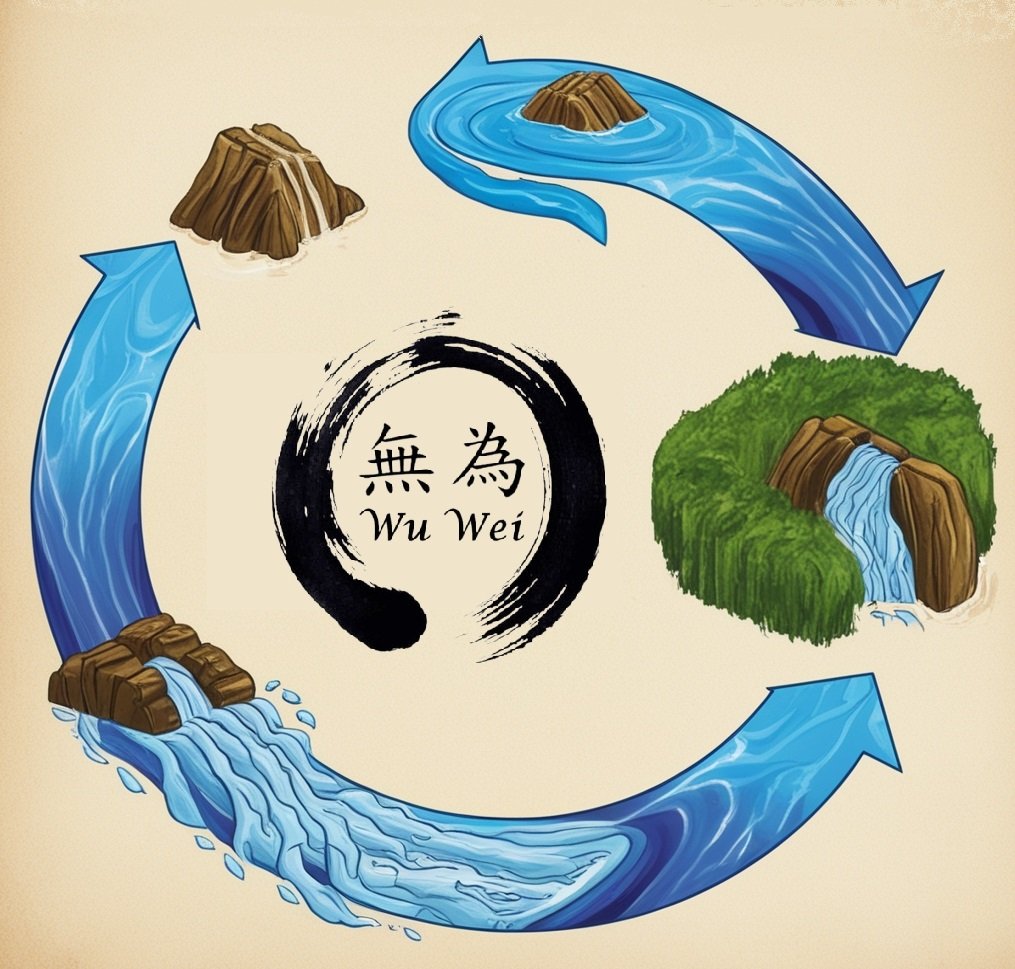 Visual diagram of Taoist Wu Wei, showing water flowing around a rock, symbolizing effortless action.