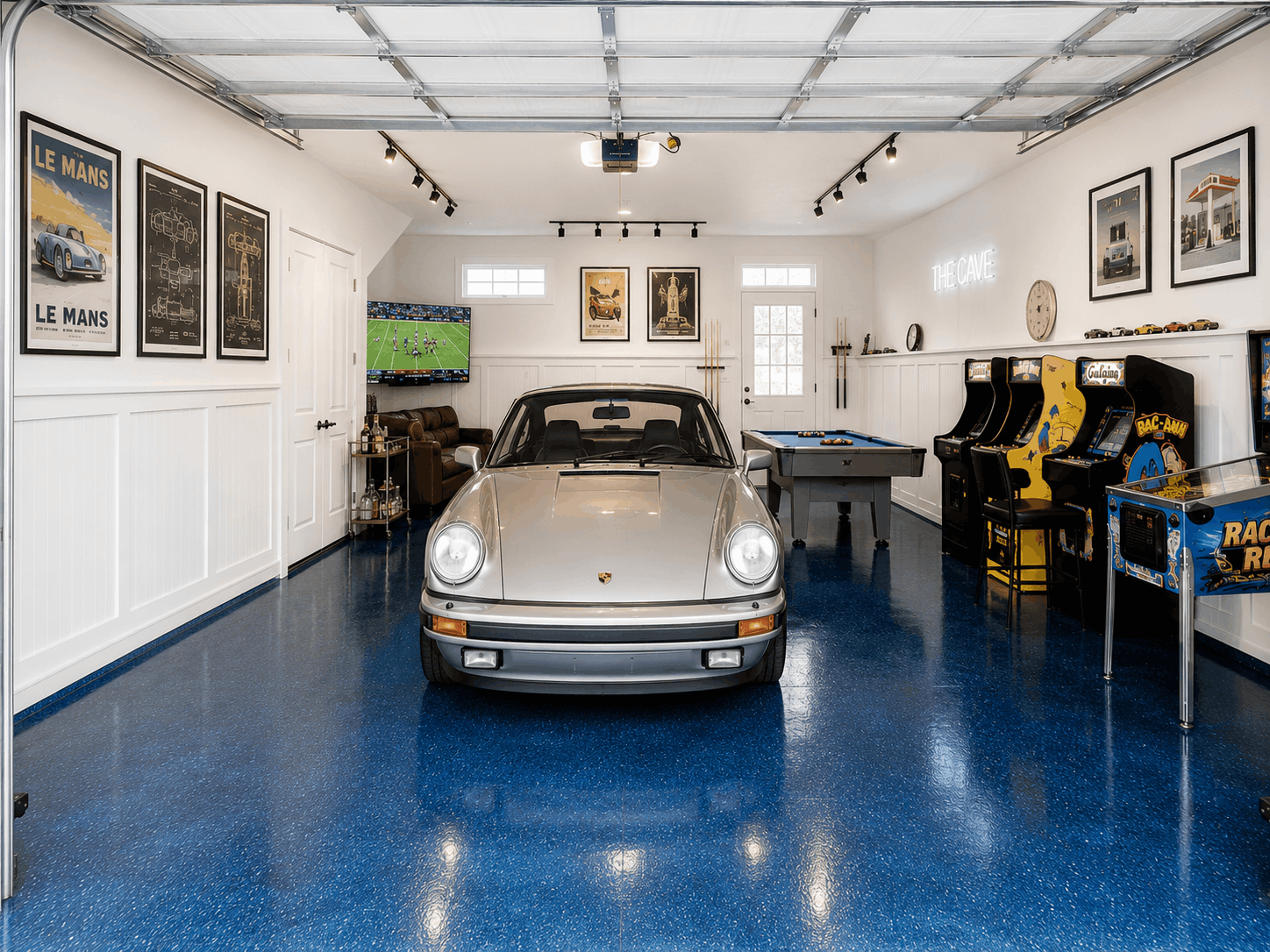 AI-staged garage flex space styled as an entertainment and game room
