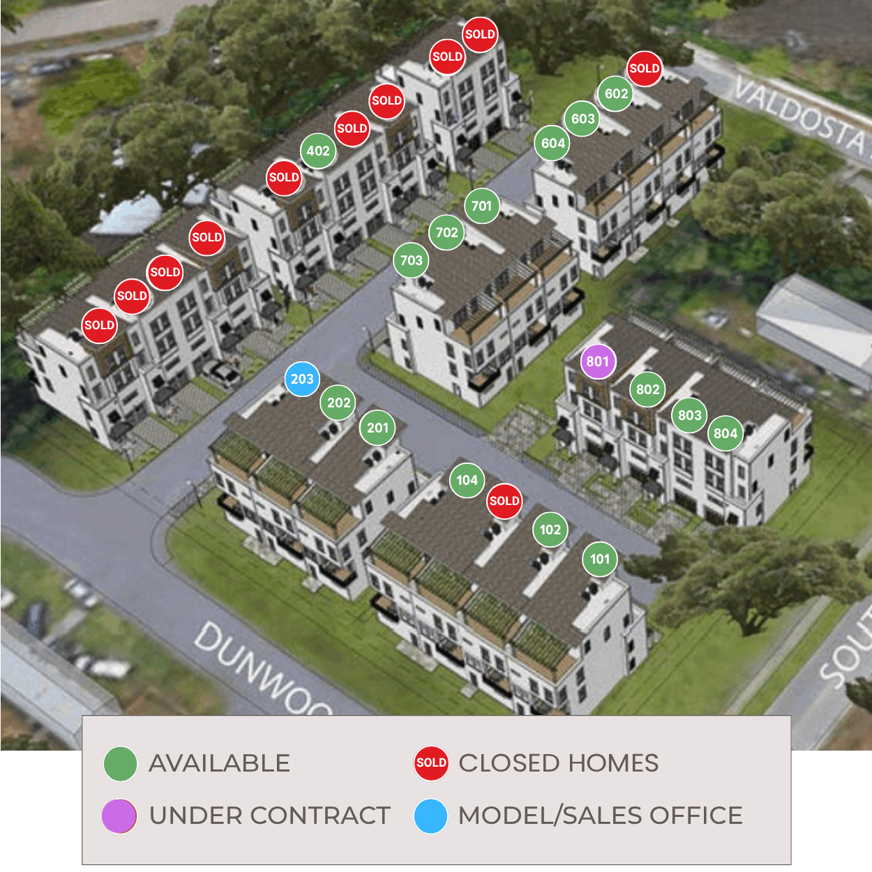 Walk at Park Circle community site map showing available, under contract, under construction, and model townhomes
