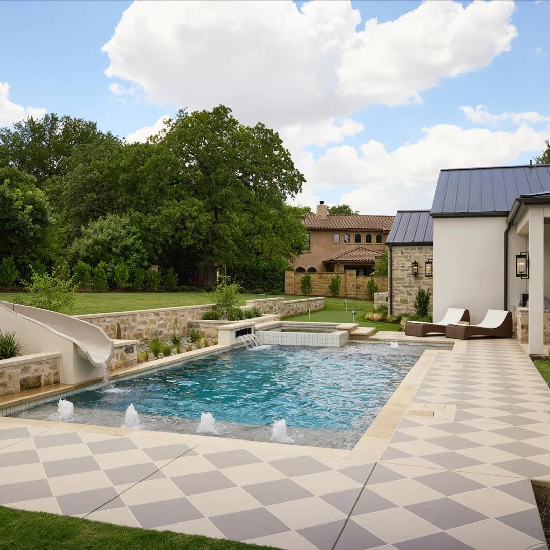 Custom diamond-pattern stamped concrete pool deck — Georgetown TX