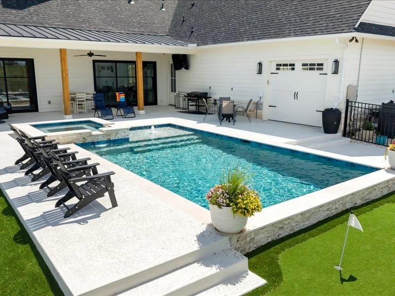 Aerial overview — custom gunite pool and spa, Grosso residence, Salado TX
