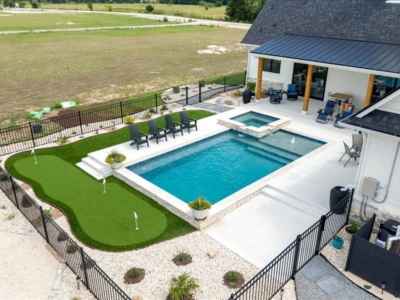 Aerial view of pool with putting green — Grosso residence, Salado TX