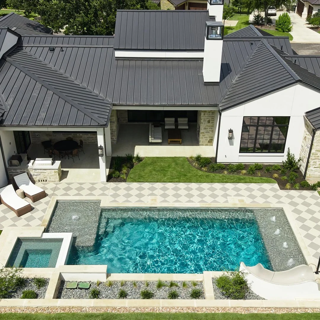 Aerial view — pool, spa, putting green, and outdoor kitchen, Georgetown TX