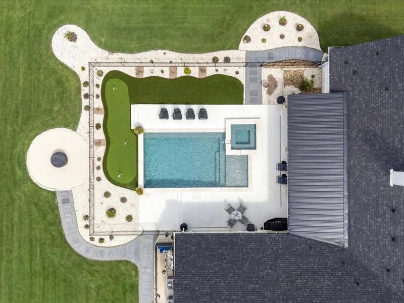 Overhead aerial view — pool, spa, and sun ledge, Salado Texas