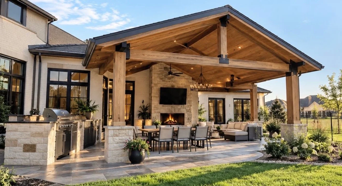 Covered outdoor pavilion with outdoor kitchen, stone fireplace, and dining area by Aqua Logistics Custom Pools in Central Texas