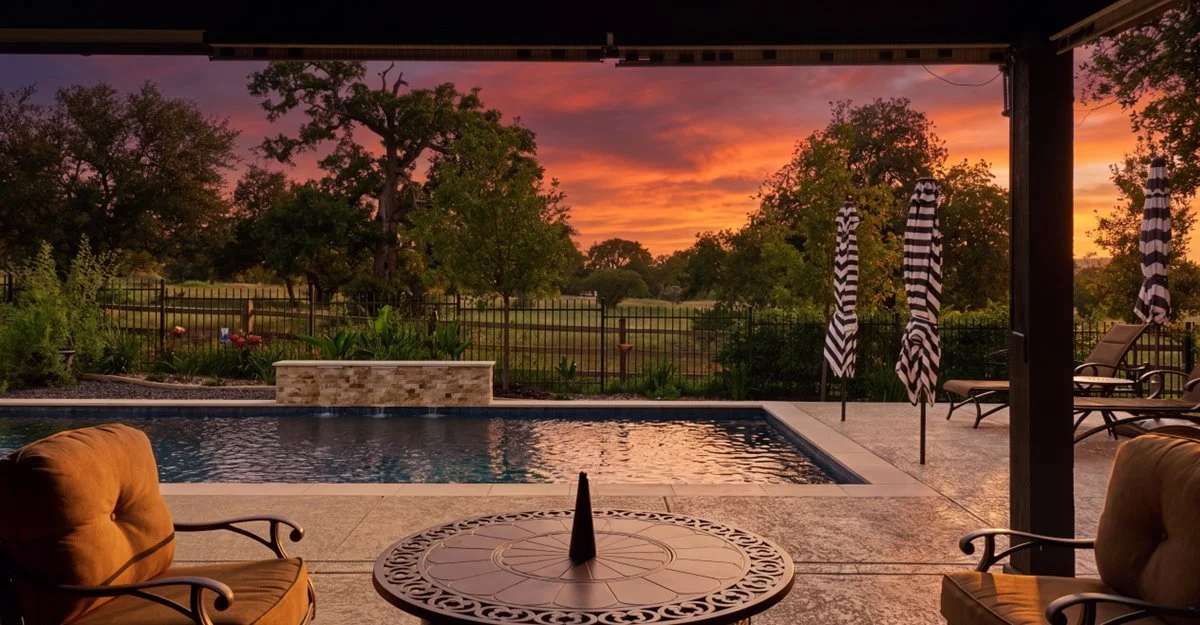 Custom gunite pool at twilight — Cox residence Horseshoe Bay TX