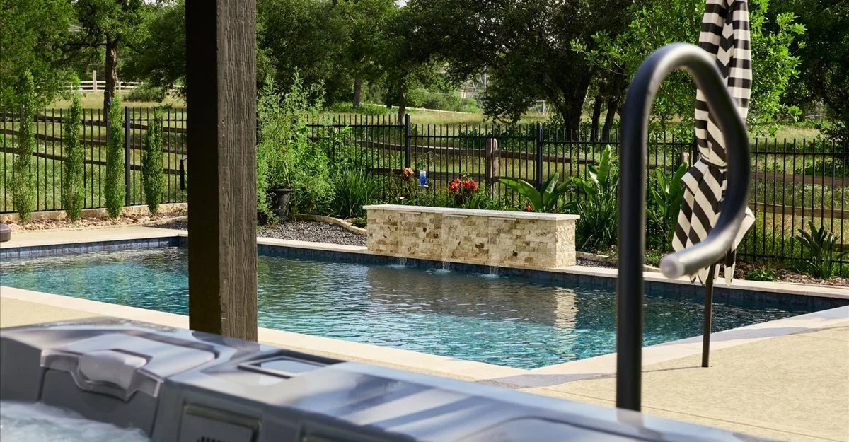 Pool and spa detail with Tondela Blue waterline tile — Horseshoe Bay