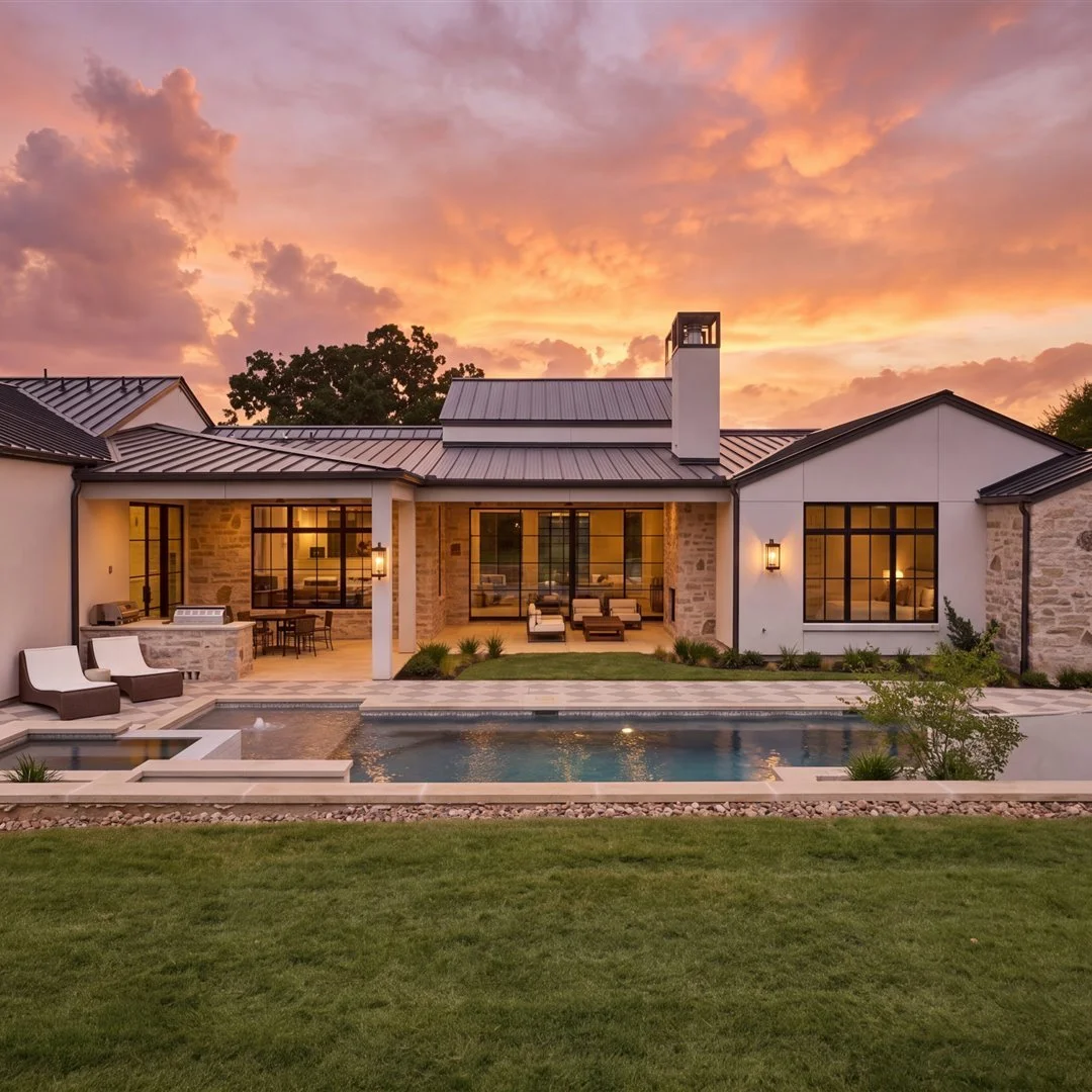 Custom gunite pool at sunset — Larkin residence Georgetown TX