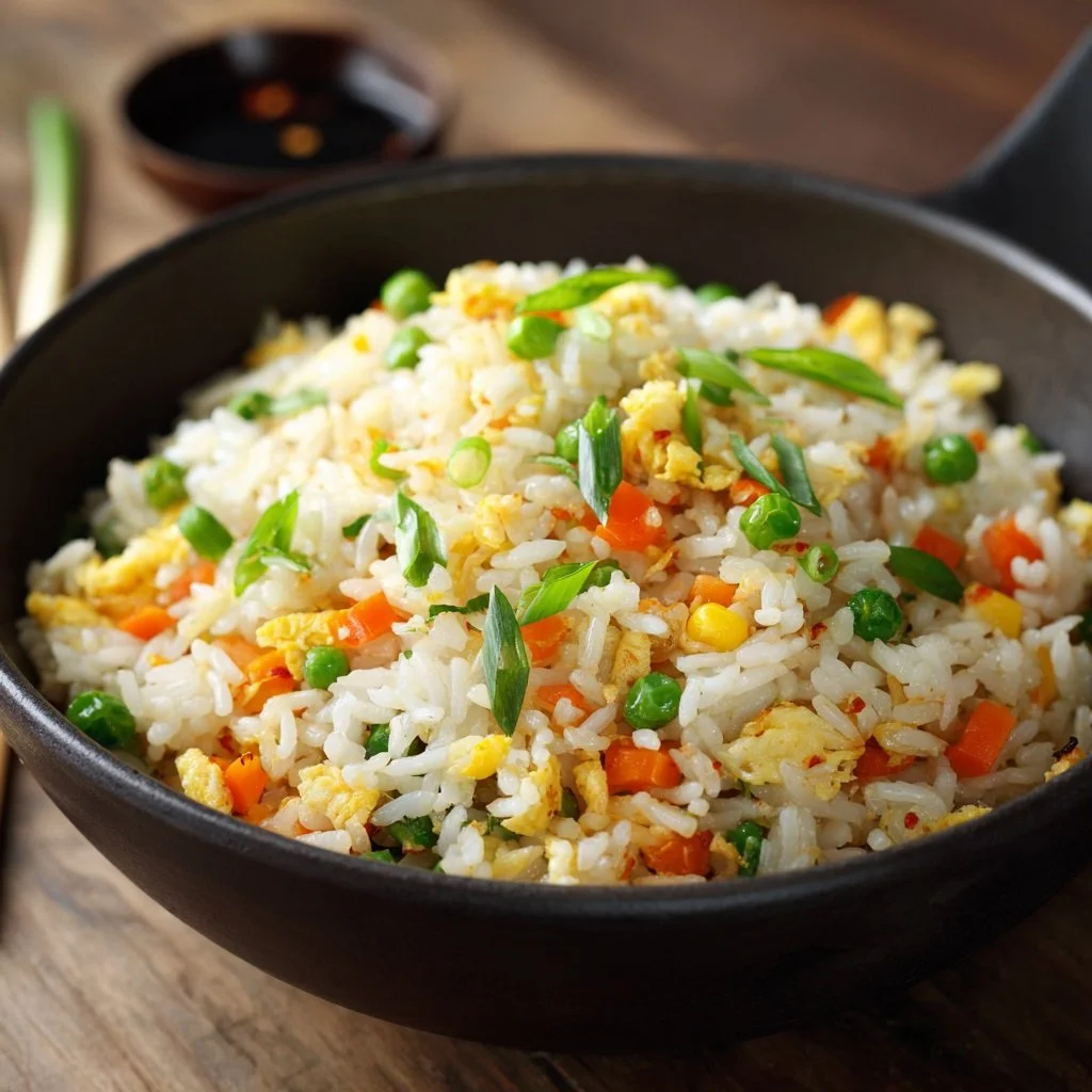 Colorful togarashi fried rice in a wok with vibrant vegetables and garnished with green onions