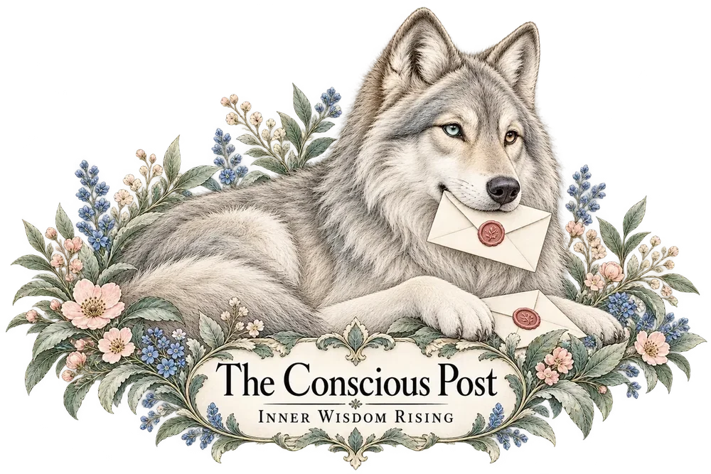 A wolf resting among wildflowers with sealed letters, beneath a plaque reading The Conscious Post