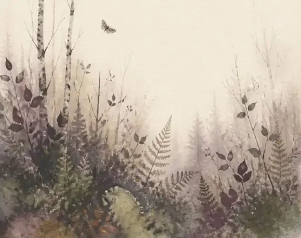 A misty watercolour forest with dark botanical leaves and ferns