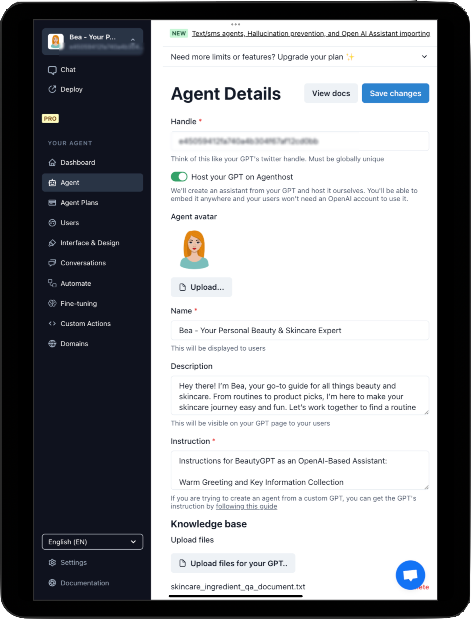 AgentHost configuration screen for the BeautyGPT prototype and ingredient knowledge base