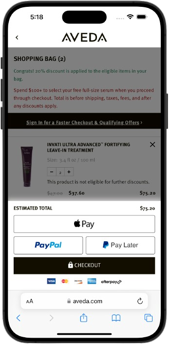 Aveda mobile checkout showing Apple Pay, PayPal, Pay Later, and Afterpay options