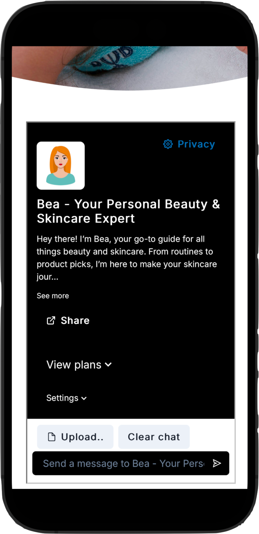 BeautyGPT mobile prototype welcome screen for Bea, a personal beauty and skincare assistant