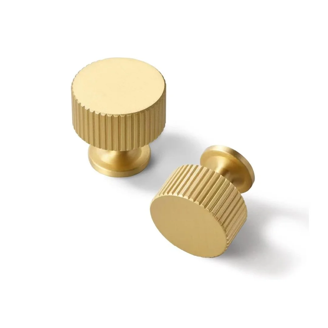 Brass round ribbed cabinet knobs