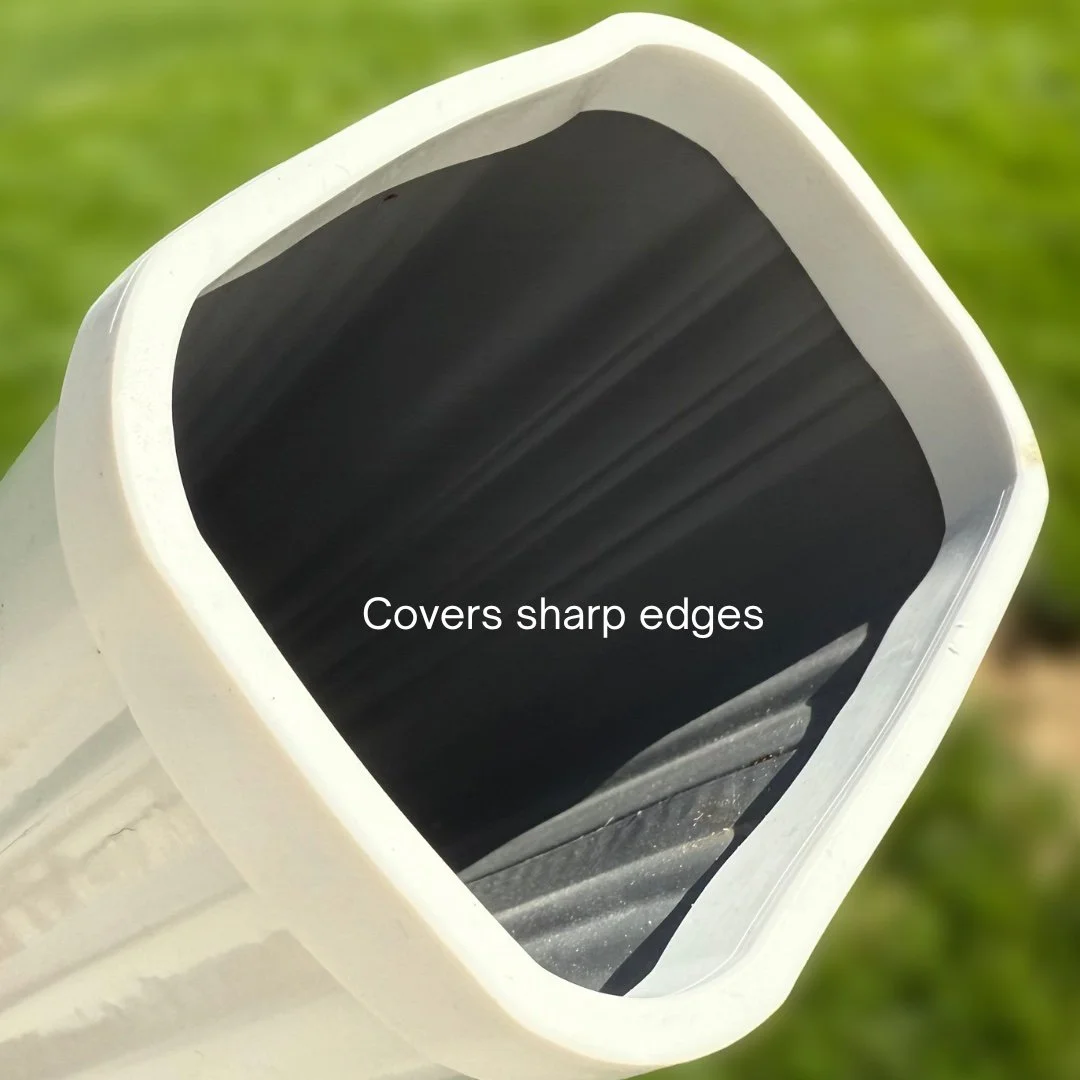 Close-up showing SpoutTrim covering sharp downspout edges
