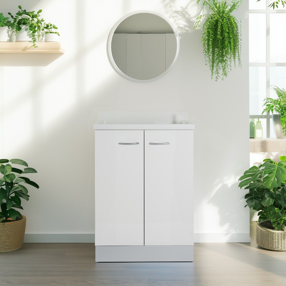 Image of Mobile lavatoio 60x60 cm bianco con vasca in termoplastico, fondo salvagoccia e asse in termoplastico | Lavella