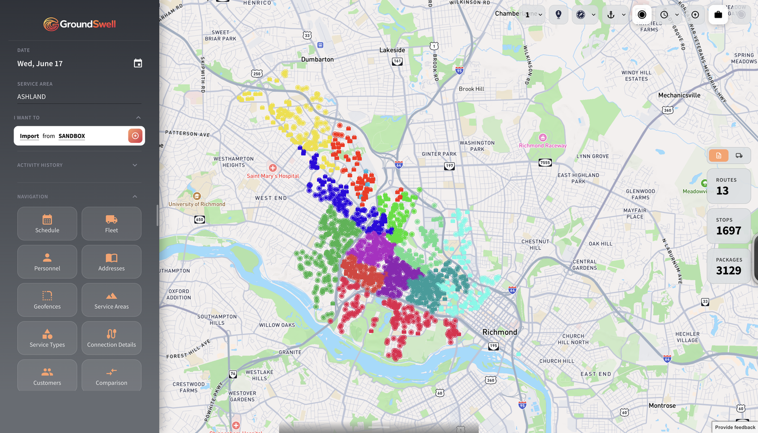 GroundSwell live route map — 13 routes, 1,697 stops, 3,129 packages optimized across a service area