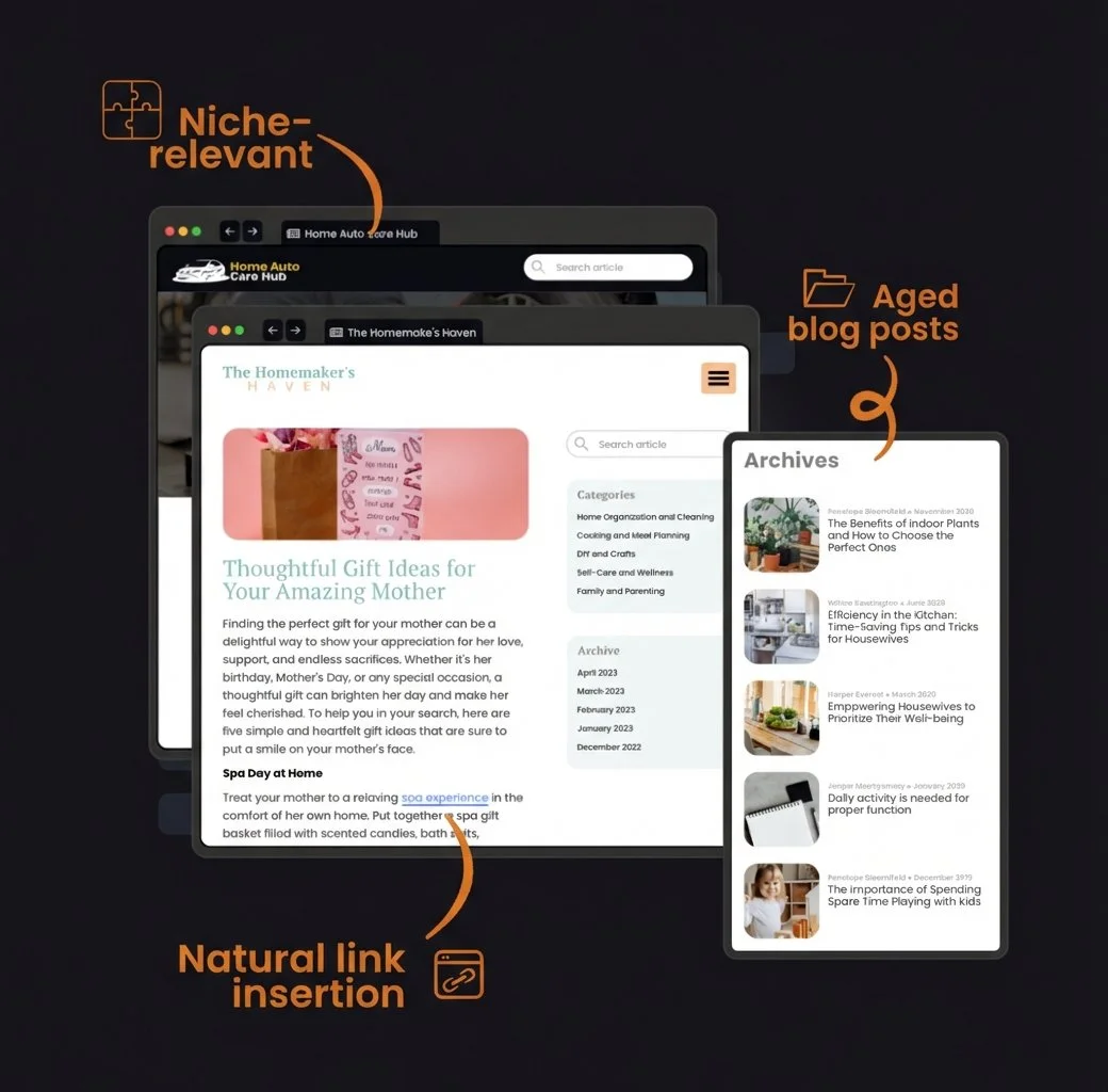 Niche edits link building dashboard showing backlink placements for Western NC business