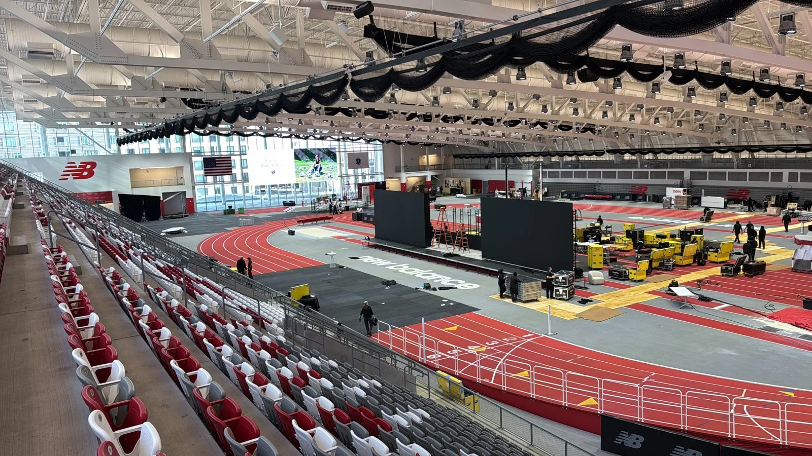View from the stands of an indoor track arena during our Boston trip
