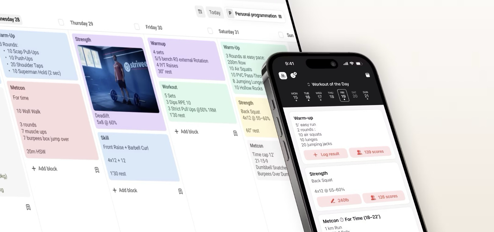 Strivee Trainings-App – Wochenplan und Workout-Ansicht