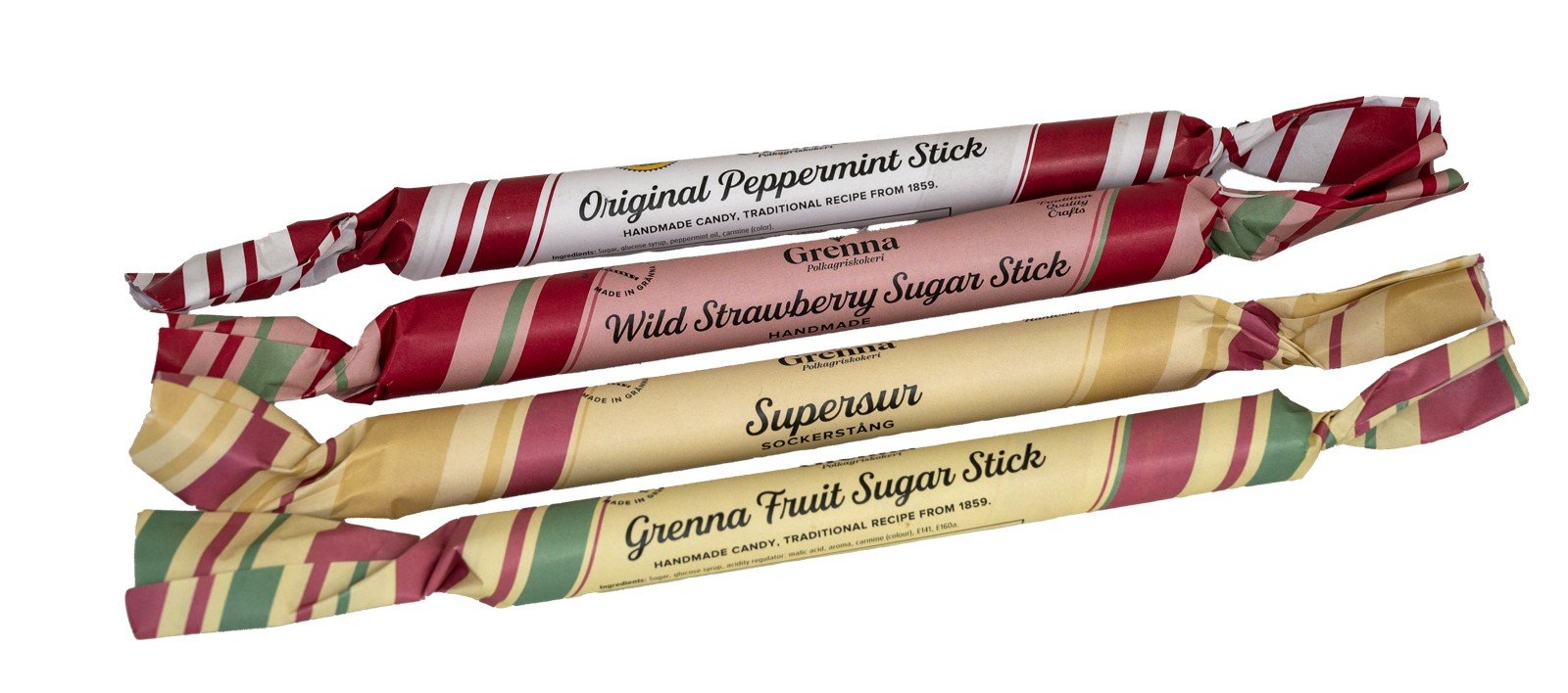A selection of individually wrapped Grenna sugar sticks