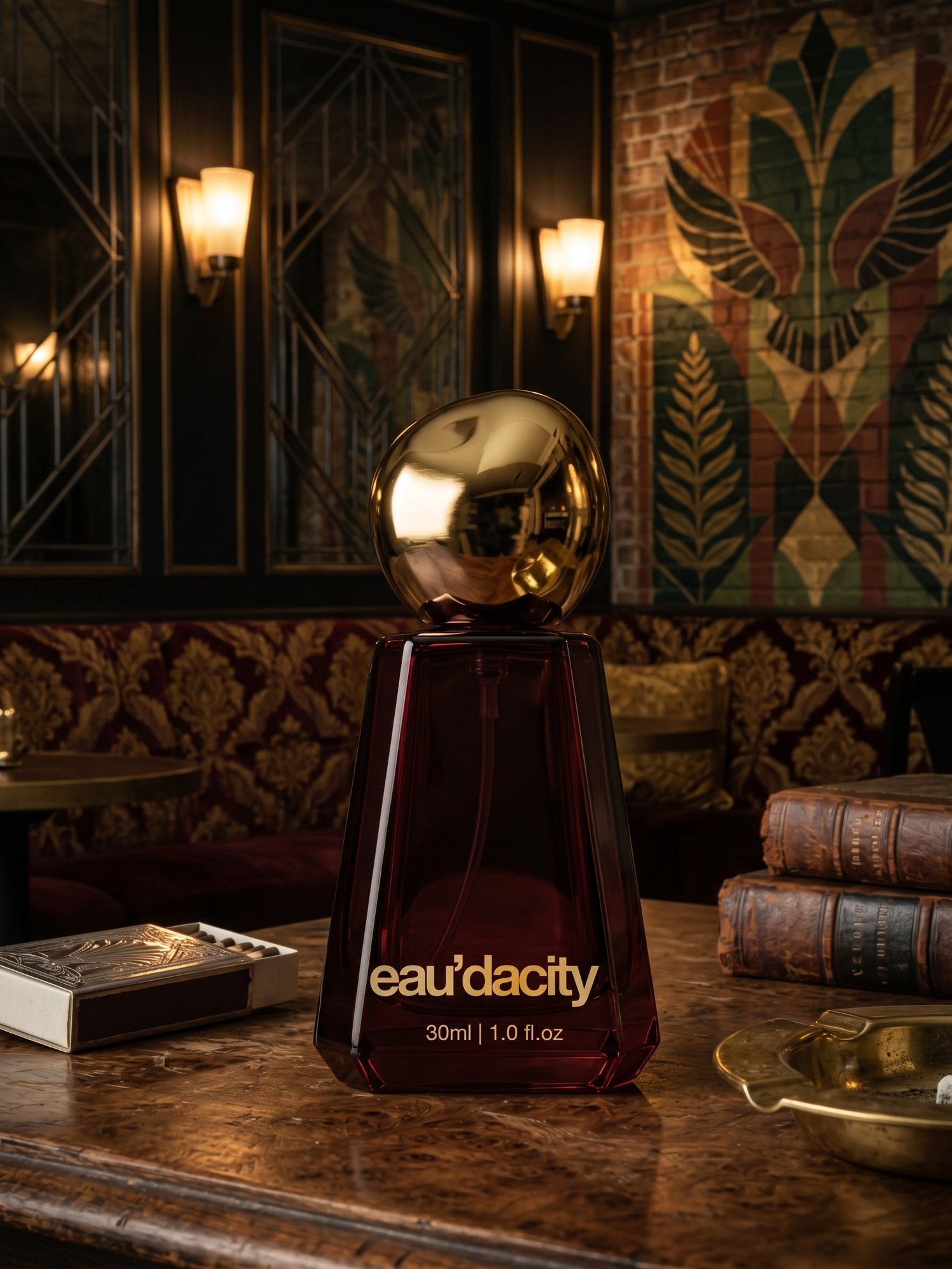 The eau'dacity Icon bottle: maroon glass with a gold ball cap
