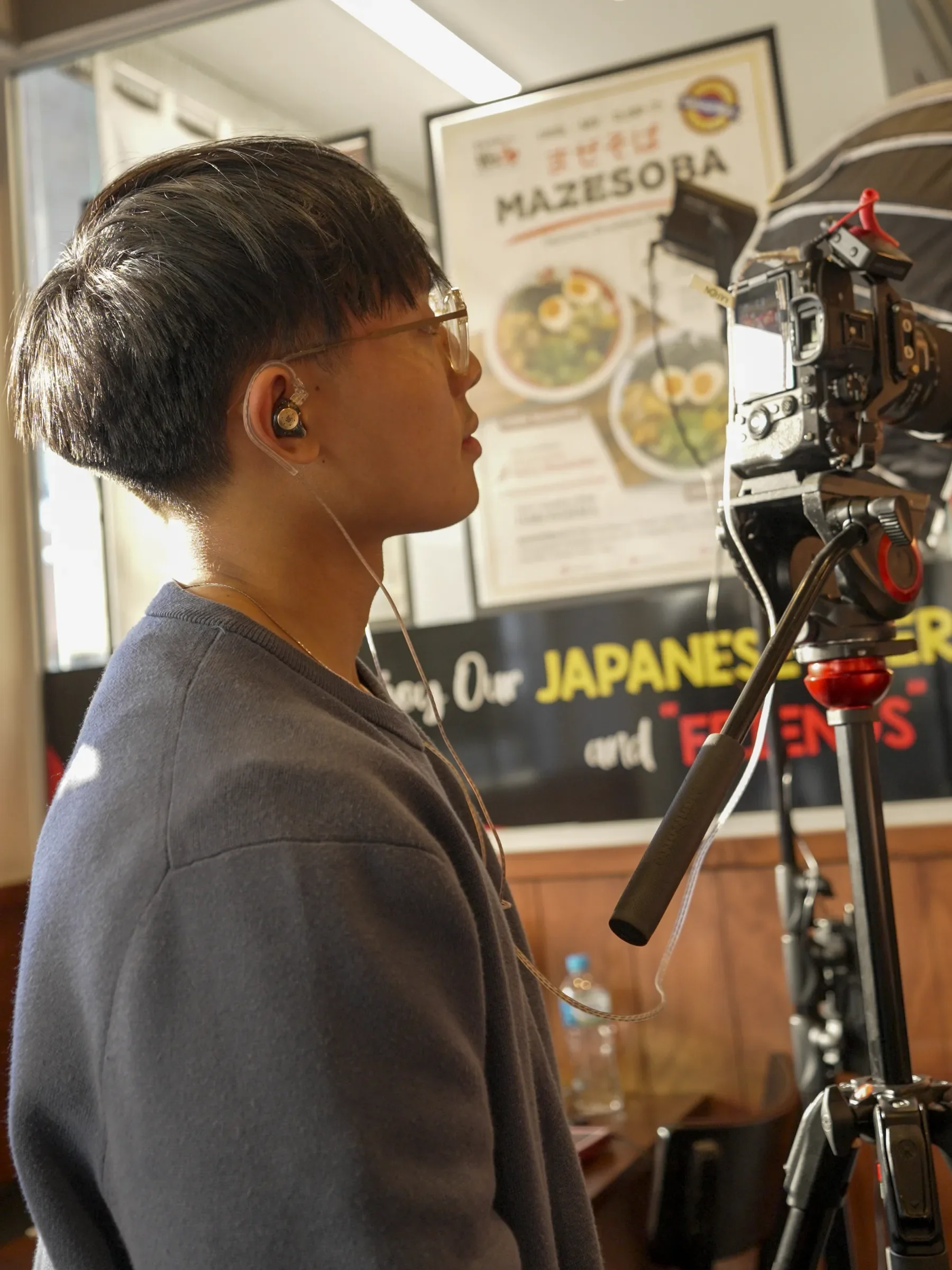 Filming content on-site at a Japanese restaurant
