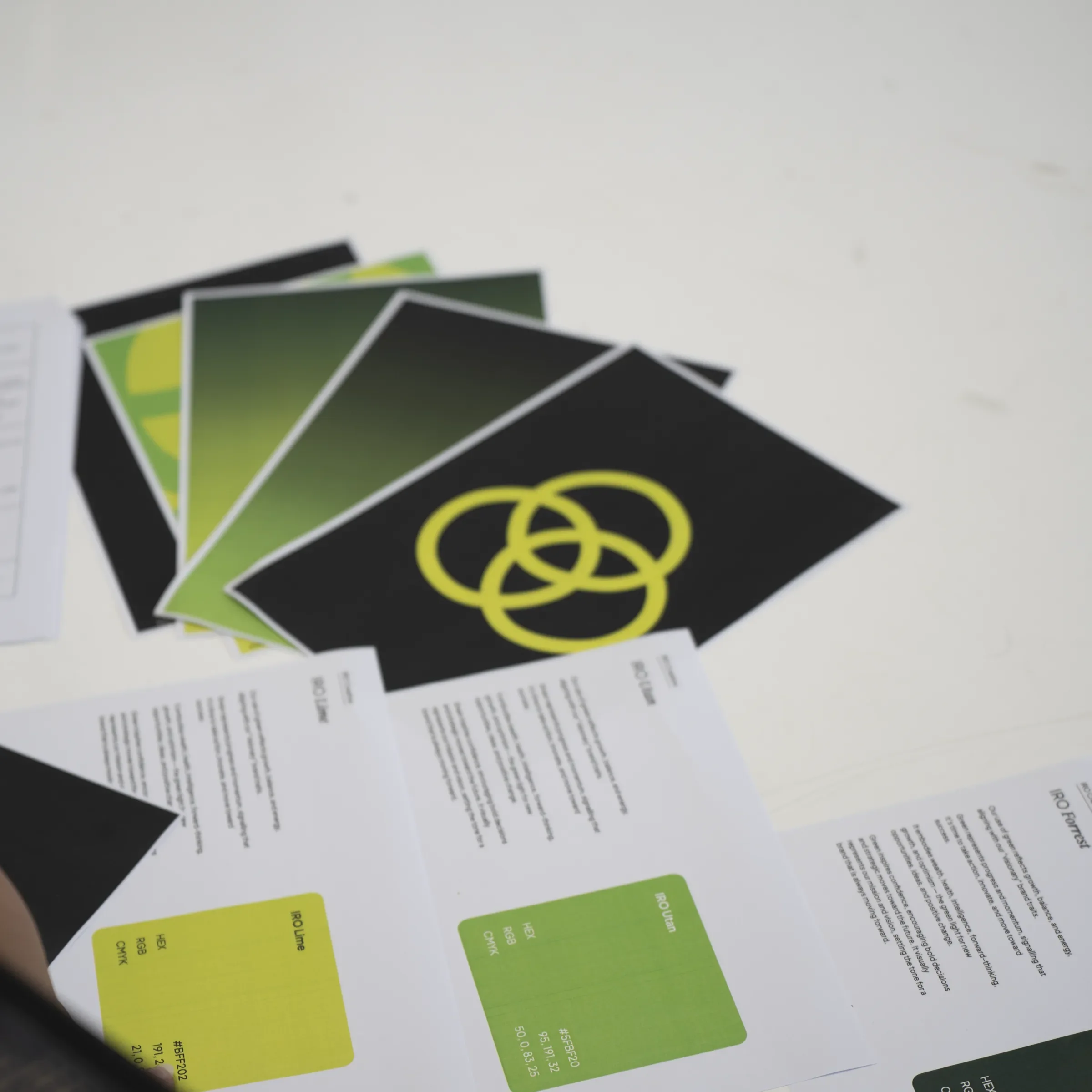 Printed brand collateral and colour swatches