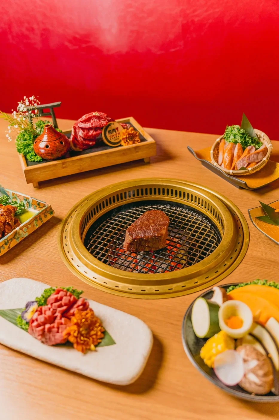 Kanpai yakiniku spread with premium wagyu and sides