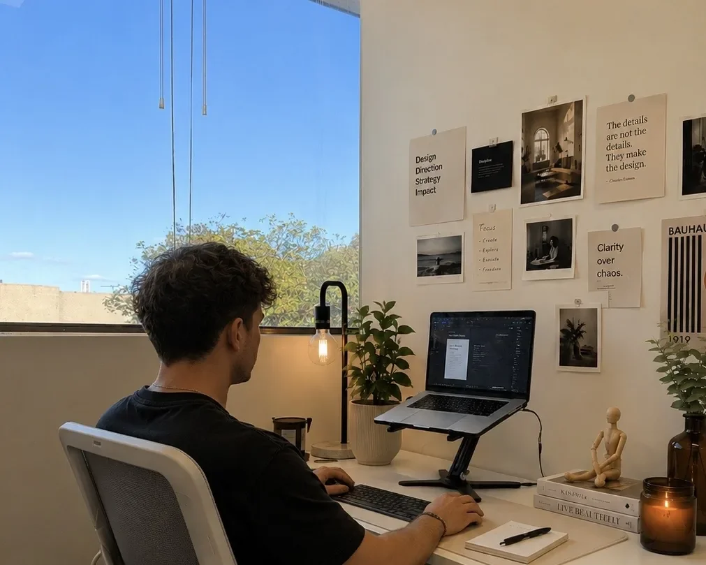 A designer at work beside a mood board