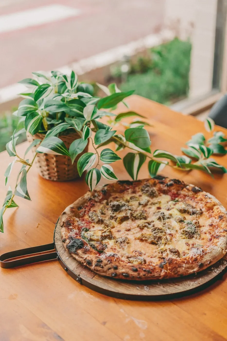 Wood-fired pizza fresh from the oven