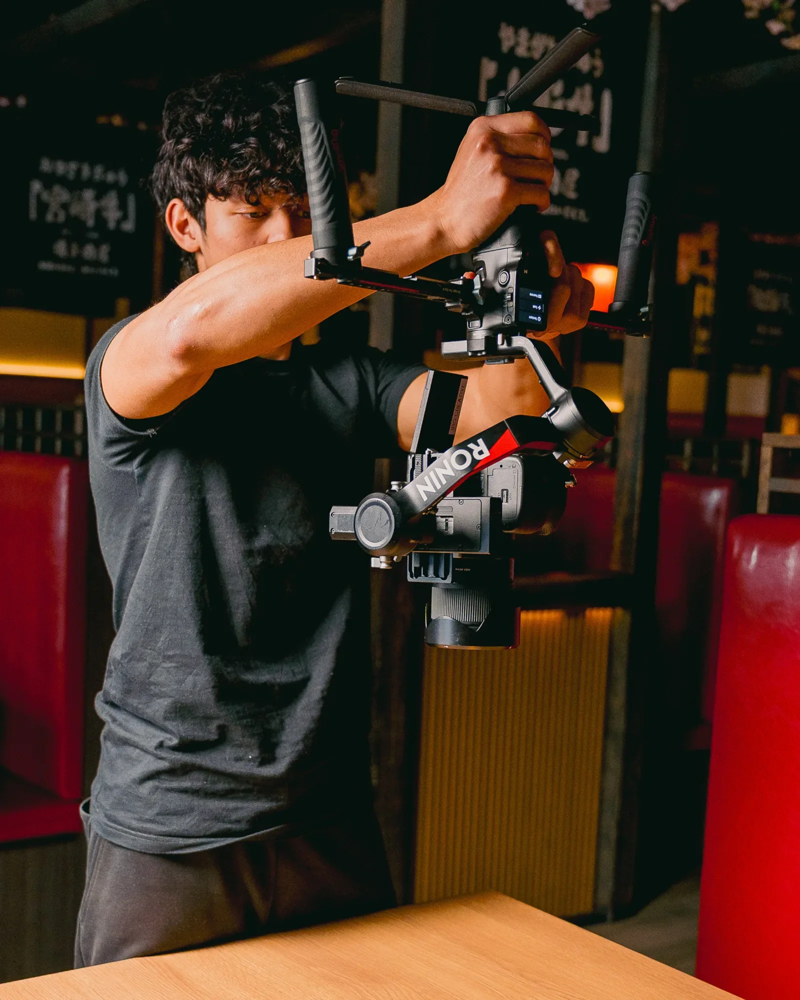 Filming content on-site at a Japanese restaurant