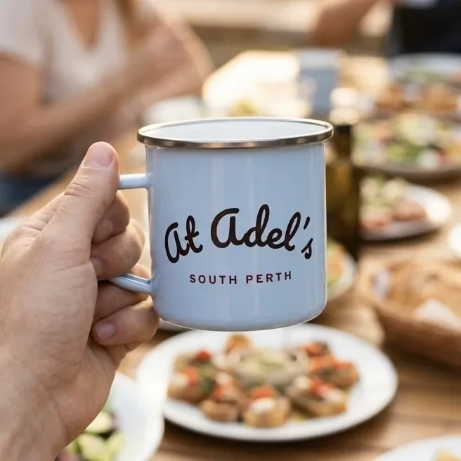 Branded enamel mug for At Adel's, South Perth